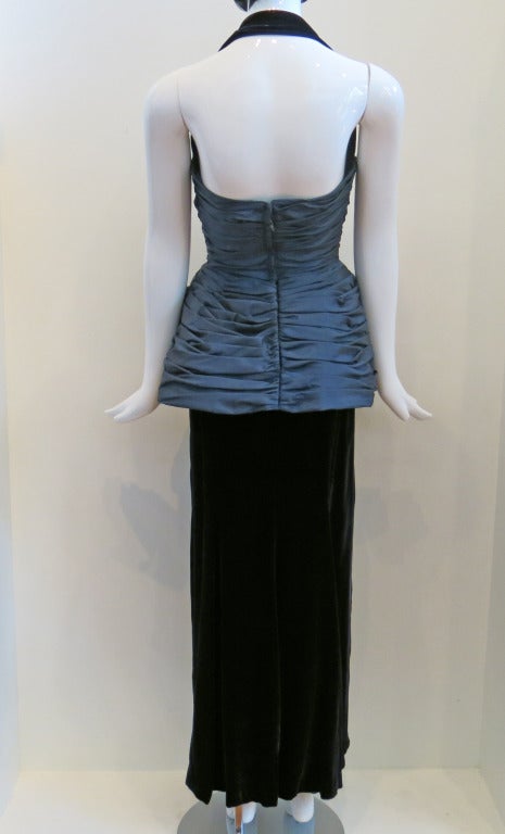 1980s Victor Costa Navy Ruched Peplum Velvet Gown with Detachable Halter Strap In Excellent Condition For Sale In Brooklyn, NY