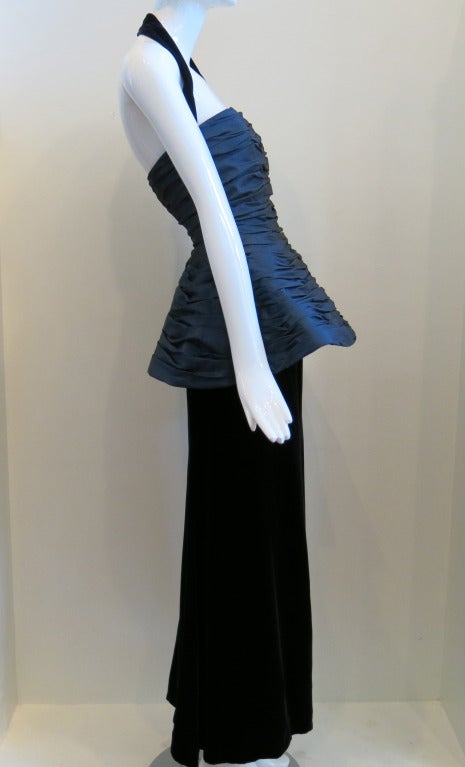 Women's 1980s Victor Costa Navy Ruched Peplum Velvet Gown with Detachable Halter Strap For Sale
