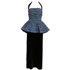 1980s Victor Costa Navy Ruched Peplum Velvet Gown with Detachable Halter Strap