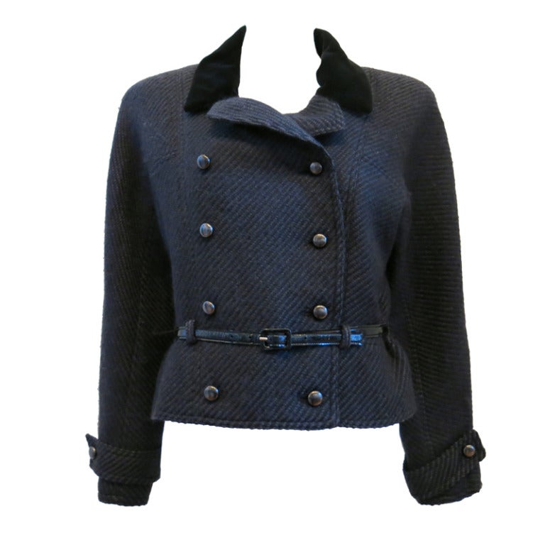 Chloé Tweed Jacket with Velvet Collar and Patent Leather Belt at 1stdibs