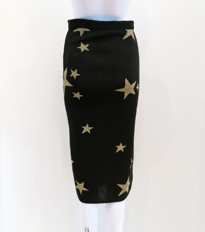 Women's 80s Kenzo Jungle BodyCon Midi Knit Skirt w/ Gold Lurex Stars