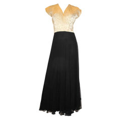 1930s Cream Satin & Black Sheer Gown