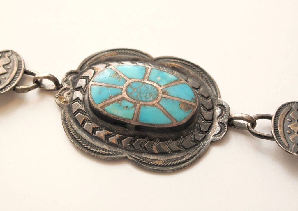 Exquisite American Indian 1930s Hand Inlay Sterling & Turquoise Belt<br />
<br />
Please call or email for measurements or any inquiries!