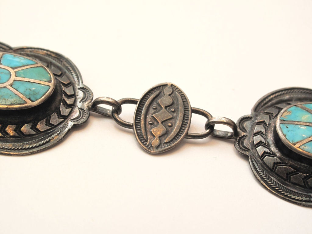 Women's Exquisite 1930s Hand Inlay Sterling & Turquoise Belt
