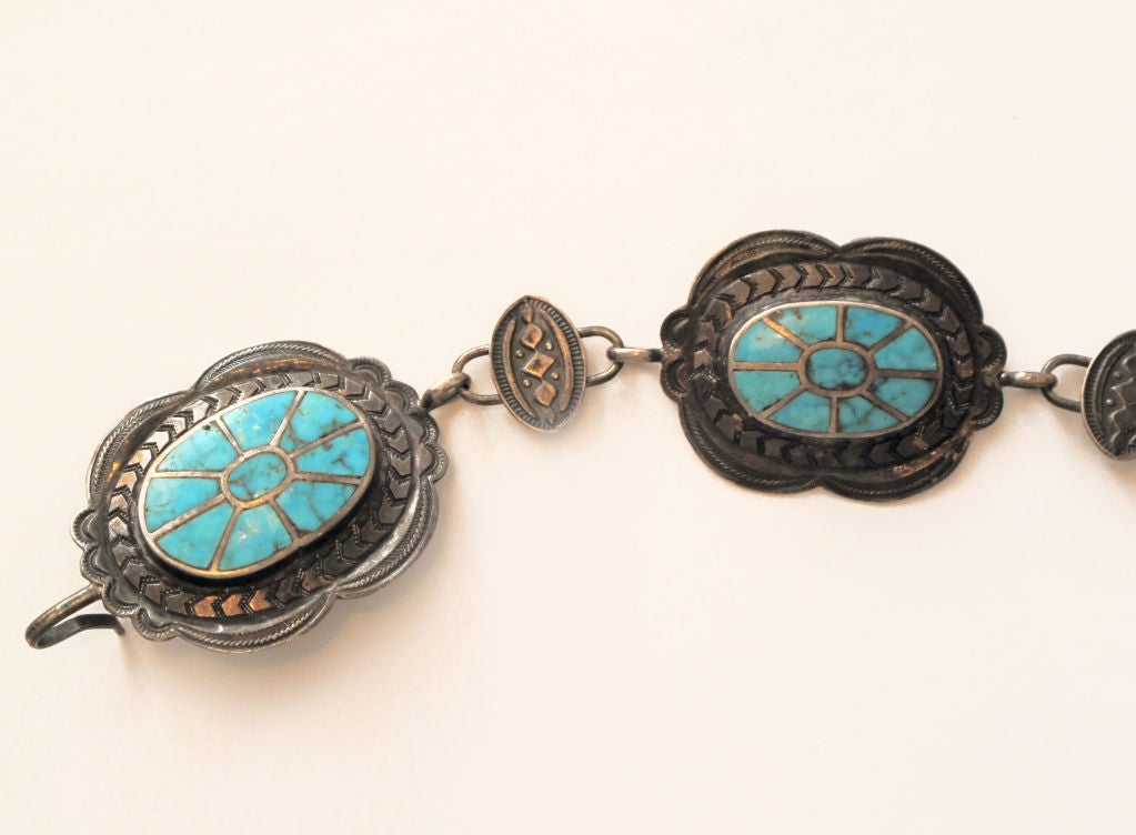 Exquisite 1930s Hand Inlay Sterling & Turquoise Belt 1