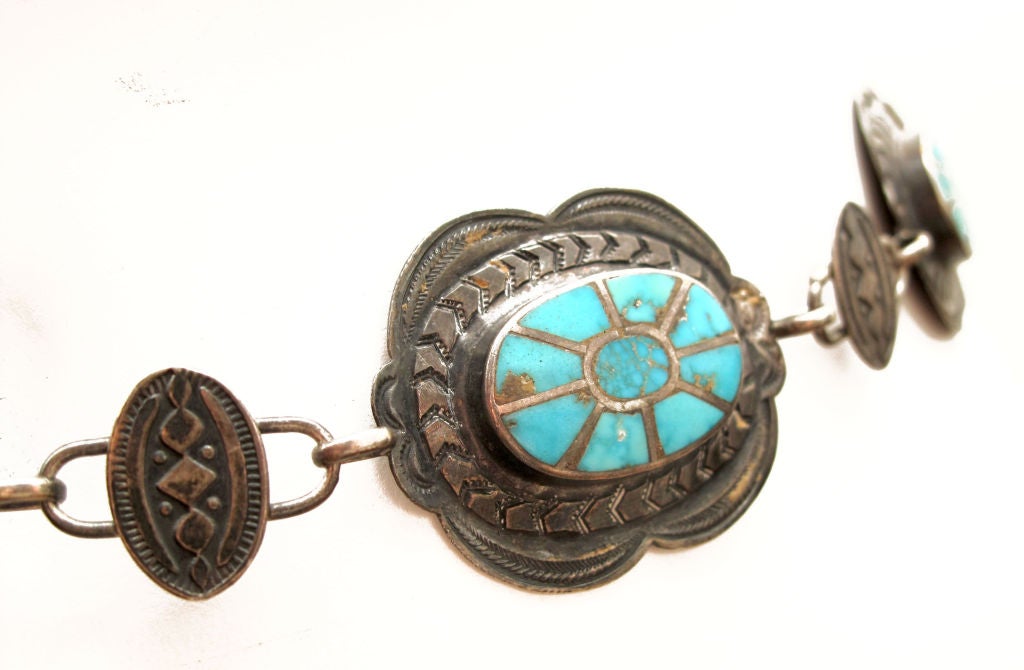Exquisite 1930s Hand Inlay Sterling & Turquoise Belt 2