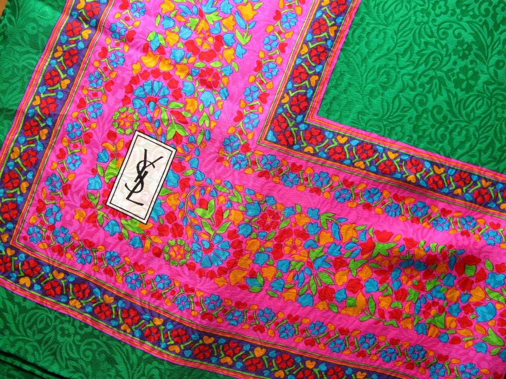 Vintage YVES ST LAURENT Bright Optical Pink & Green Scarf with floral details<br />
<br />
Please call or email for measurements or inquiries!