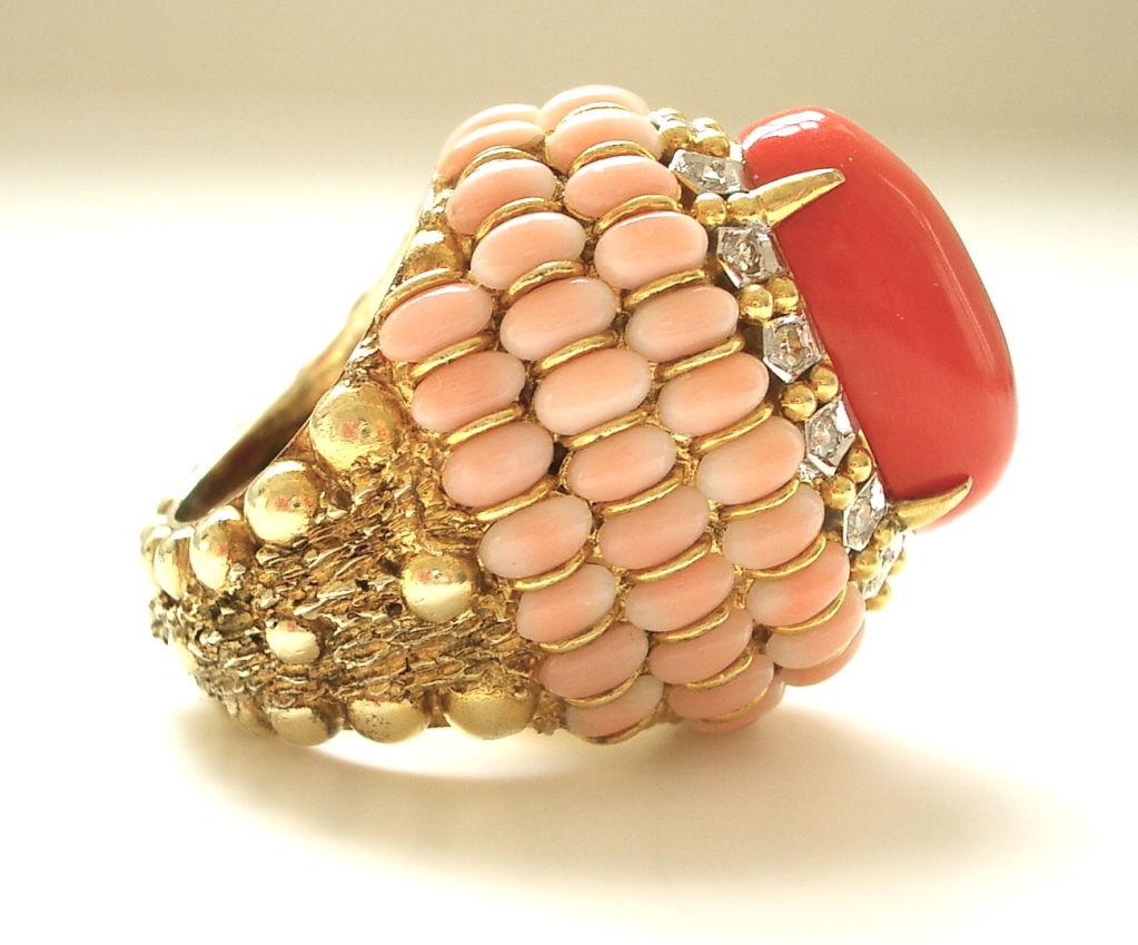 Women's 18k Gold, Coral and Diamond Ring, c1960