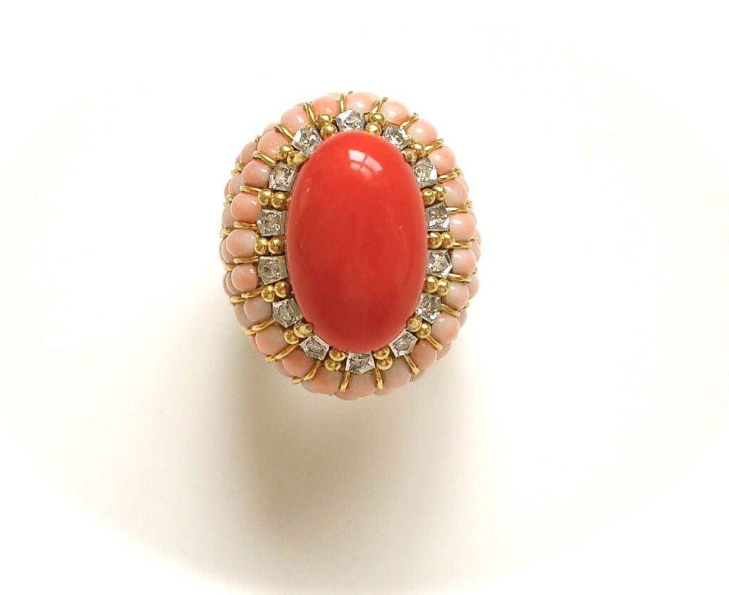 18k Gold, Coral and Diamond Ring, c1960 2
