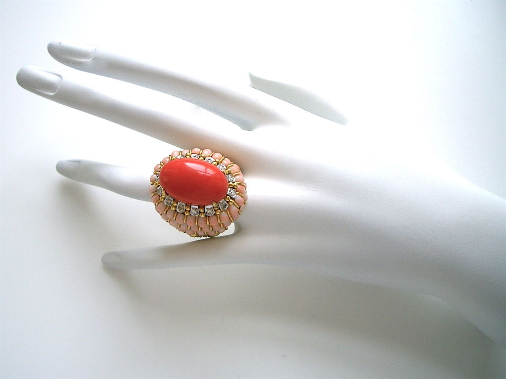 18k Gold, Coral and Diamond Ring, c1960 3