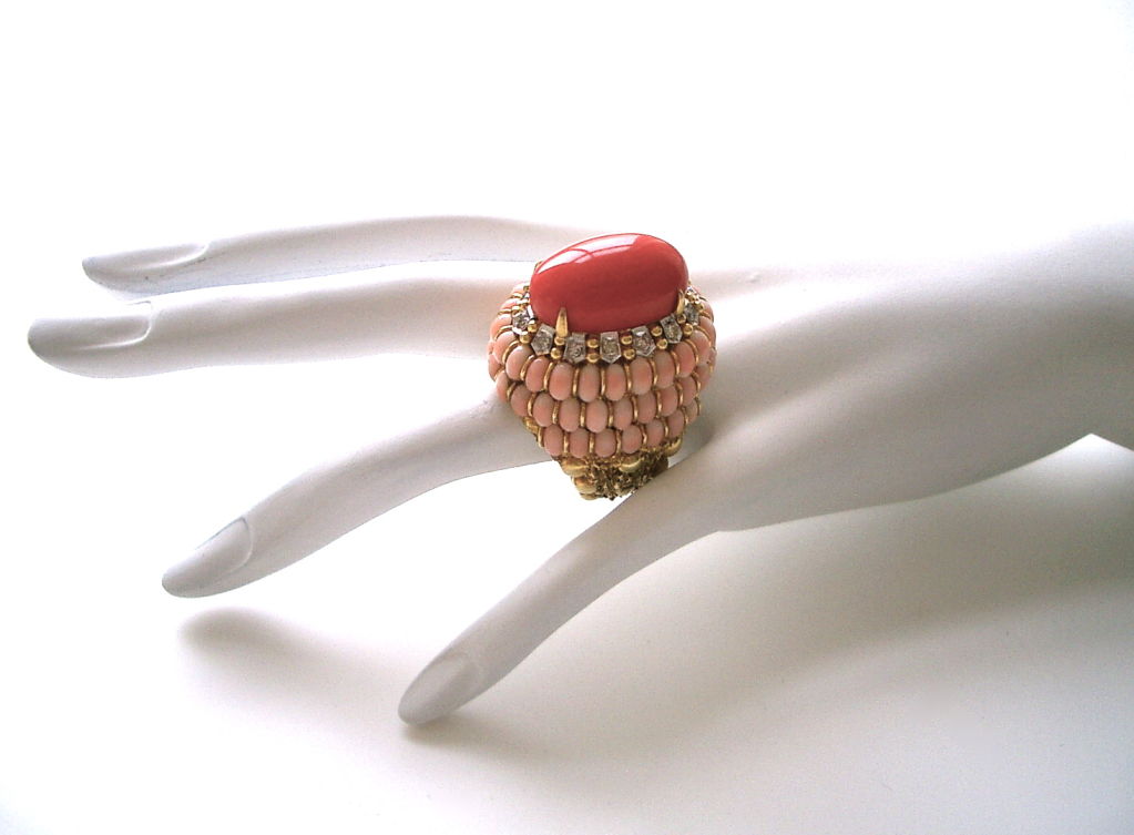 18k Gold, Coral and Diamond Ring, c1960 4