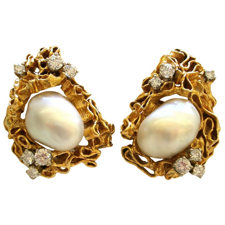 GIlbert Albert South Sea Pearl Ear Clips c1965