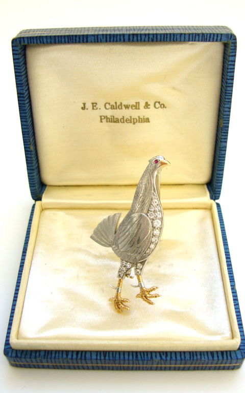 J.E. CALDWELL, Platinum, Diamond Fighting Cock Brooch, c1920 2