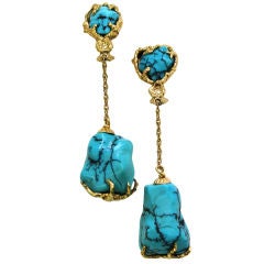 Gold and Turquoise Drop Earrings, circa 1960. signed