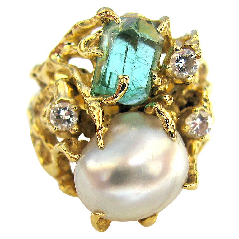 ARTHUR KING, Gold , Emerald, Pearl and Diamond Ring