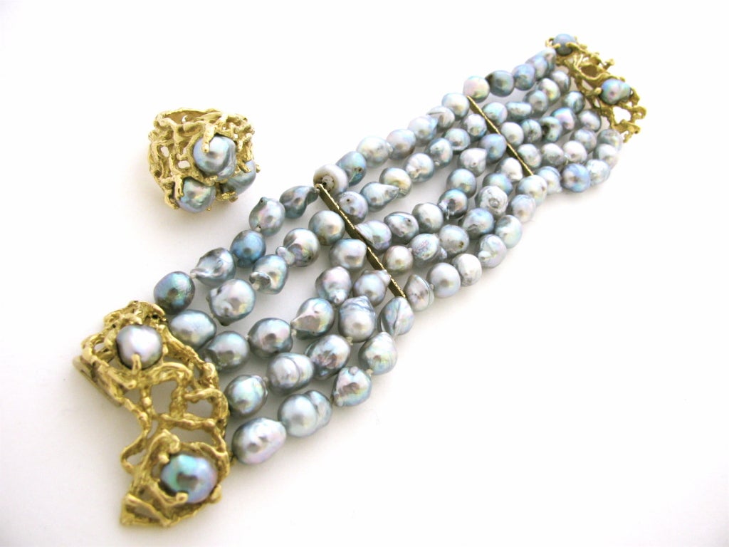 Women's A Gold and Pearl Bracelet and Ring, attributed to Arthur King
