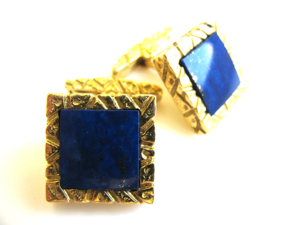 Square Cut Lapis Lazuli and Gold Cufflinks, c 1970 For Sale