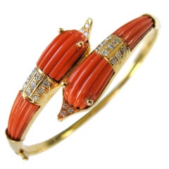 A Coral, Gold and Diamond Bangle Bracelet