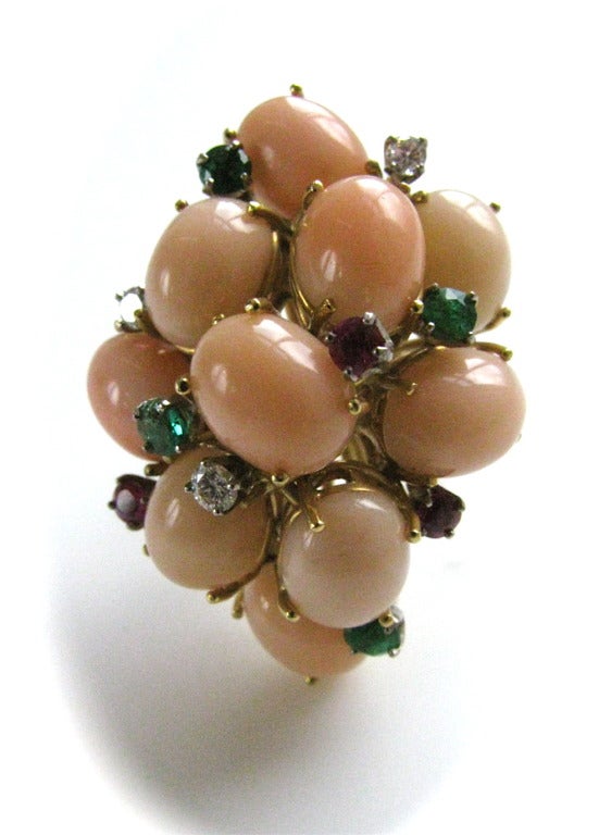 A Coral and Gemstone Cocktail Ring c1960 In Excellent Condition In Cincinnati, OH