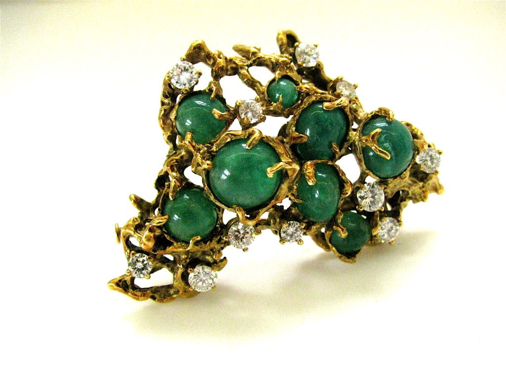 Arthur King Brutalist Emerald Diamond Gold Pendant Brooch In Excellent Condition In Cincinnati, OH