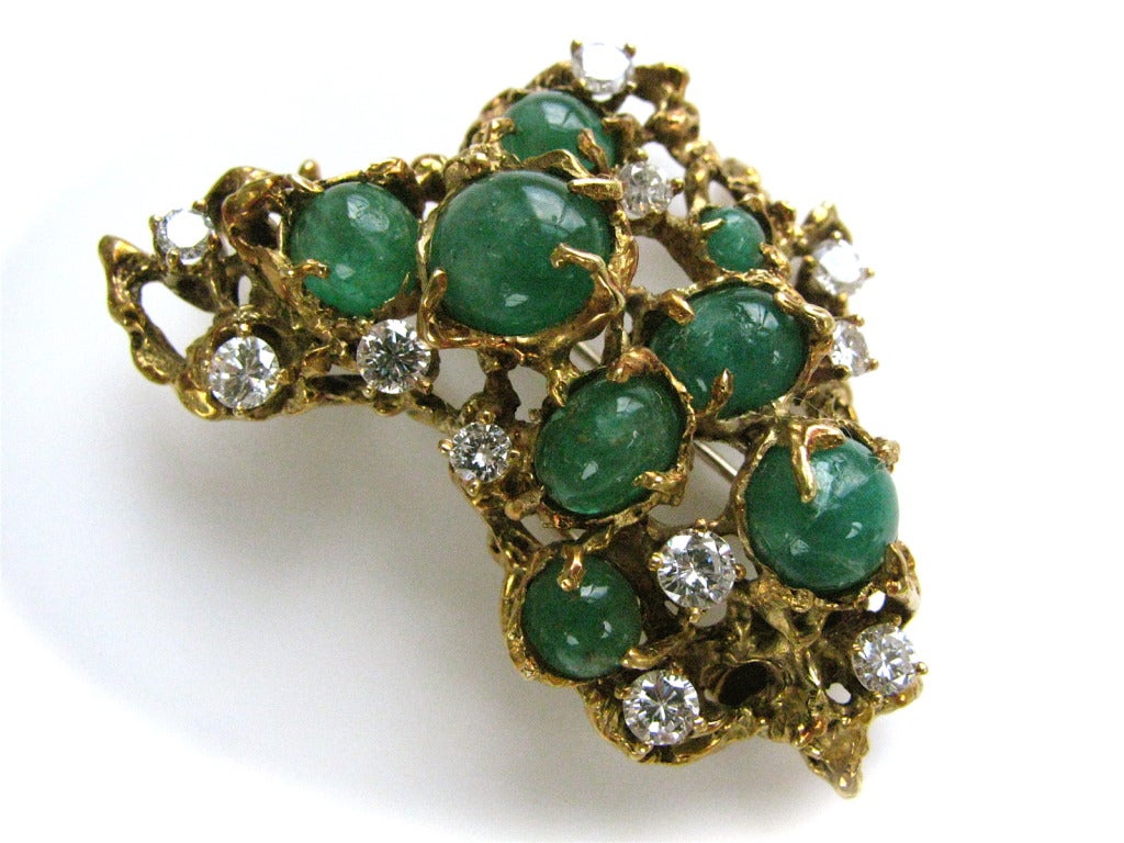 Women's Arthur King Brutalist Emerald Diamond Gold Pendant Brooch