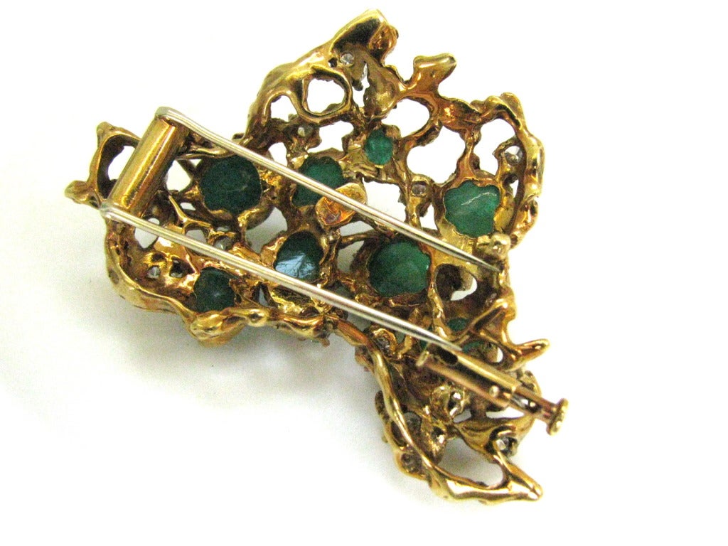 Arthur King Brutalist Emerald Diamond Gold Pendant Brooch 1