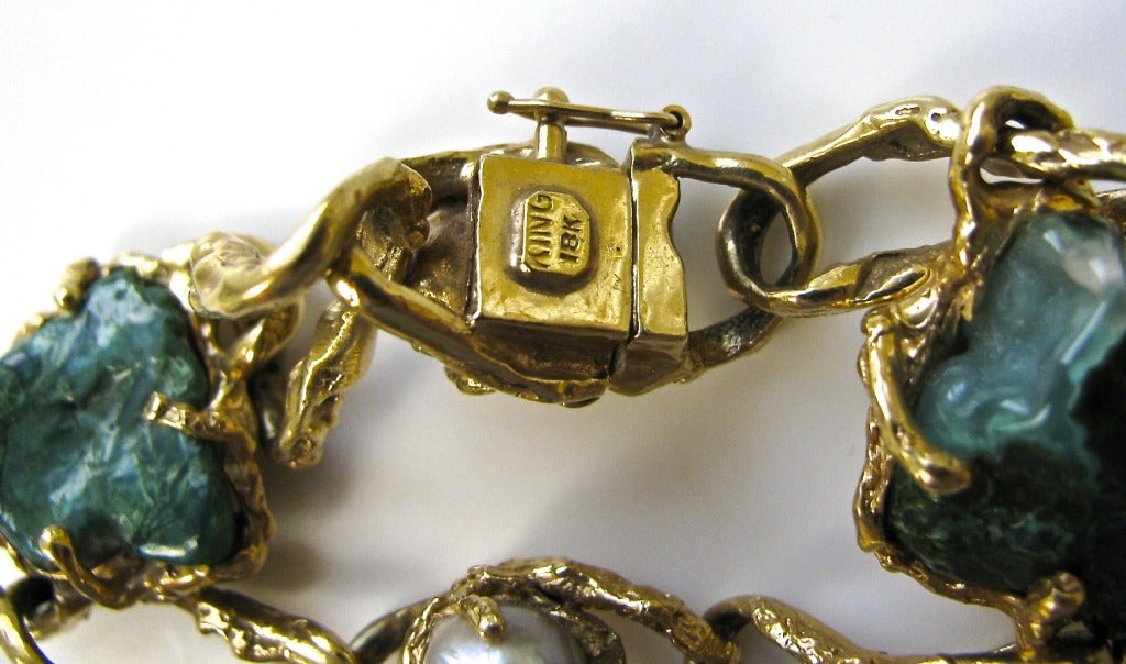 Arthur King Pearl Malachite Gold Bracelet In Excellent Condition In Cincinnati, OH