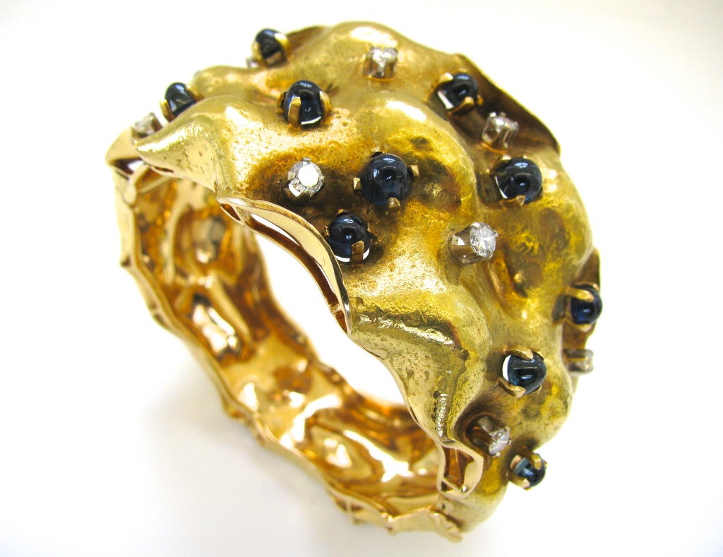 Artisan Sapphire Diamond Gold Bangle Bracelet circa 1950