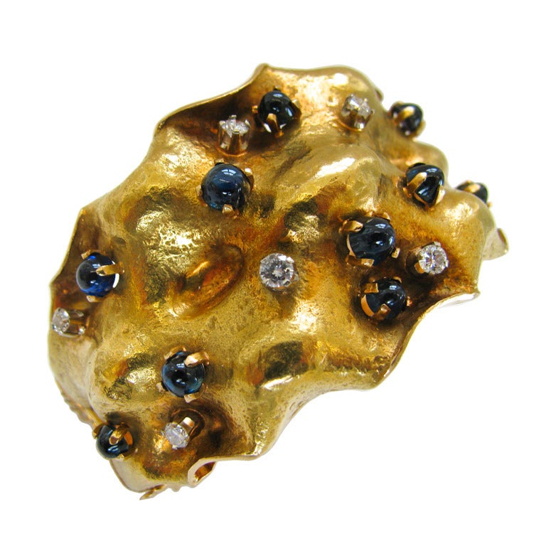 Sapphire Diamond Gold Bangle Bracelet circa 1950