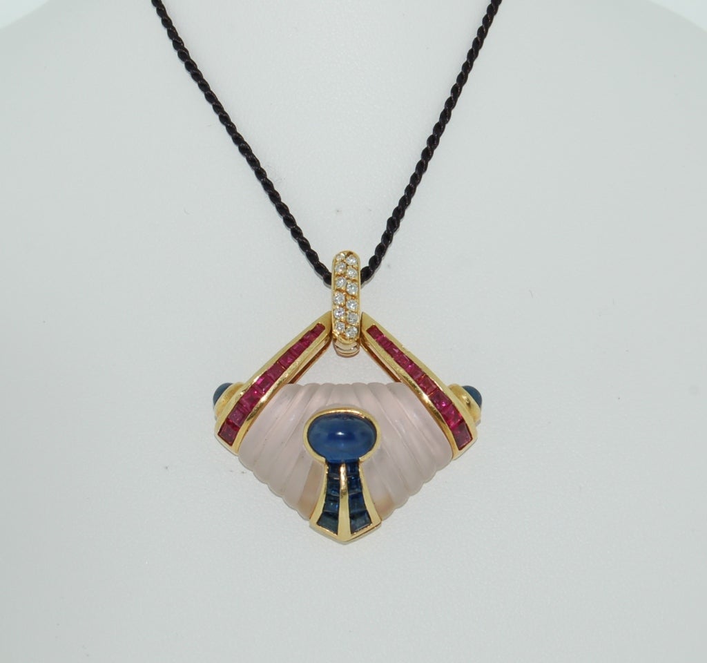 FRED PARIS Gold Cabochon Blue Sapphire & Ruby Diamond  Pendant