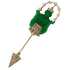 Art Deco Nephrite Buddha Diamond Jabot Pin