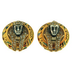 Egyptian Revival Gold Enameled & Silver Diamond Clip-On Earrings