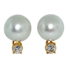 Large South Sea Button Pearl Gold Diamond Earrings