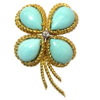 VAN CLEEF & ARPELS Turquoise Gold Clover Pin