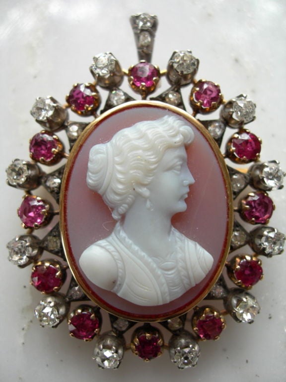 Victorian Hardstone Cameo With Rubies and Diamonds