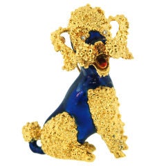 Large and Adorable Yellow Gold & Blue Enamel Poodle Pin