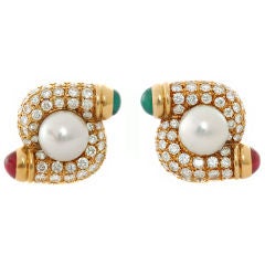 BULGARI Ruby Emerald Pearl Diamond Earrings