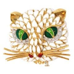 CARLO PICCINI 18K Gold, Enamel and Diamond Cat Brooch
