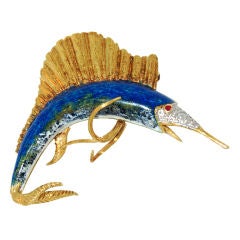 Enameled Yellow Gold Marlin Brooch
