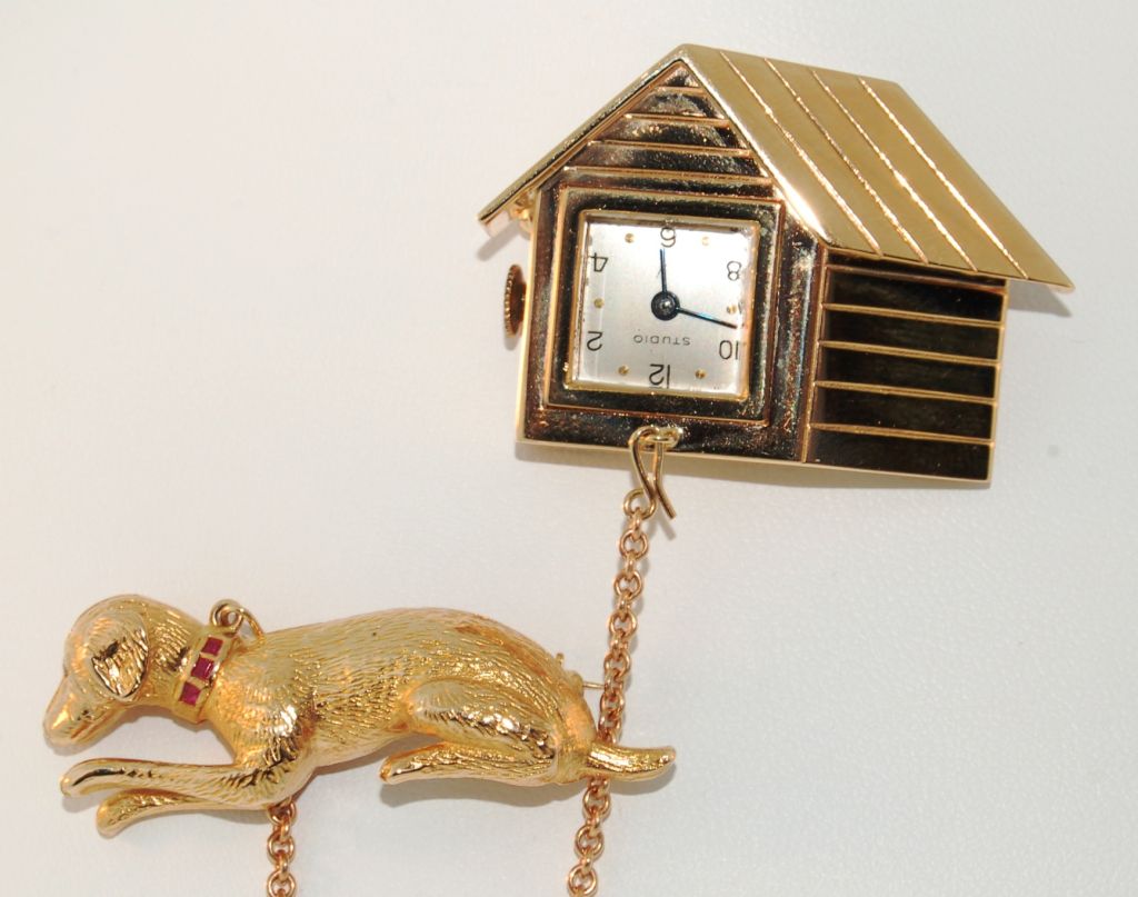 Retro Gold Dog and Kennel Lapel Watch