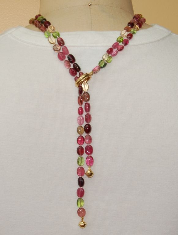 Tiffany & Co. Paloma Picasso Multi-Color Watermelon Tourmaline Necklace. Fashioned as a lariat with 18K gold fittings, this iconic necklace was featured in John Loring's, Tiffany Colored Gems. No longer produced, it is drop-dead gorgeous!<br />
<br