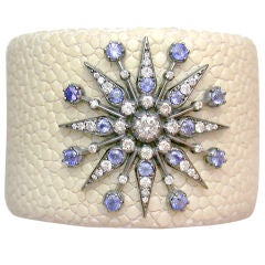 White Shagreen Cuff with Sapphire and Diamond Sunburst
