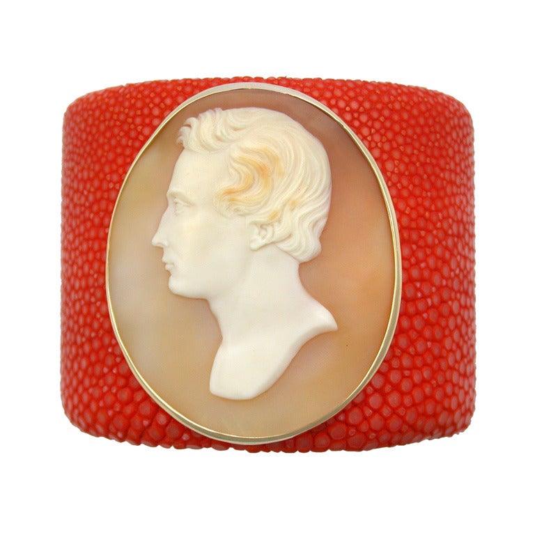 Orange Shagreen Cuff with Cameo For Sale