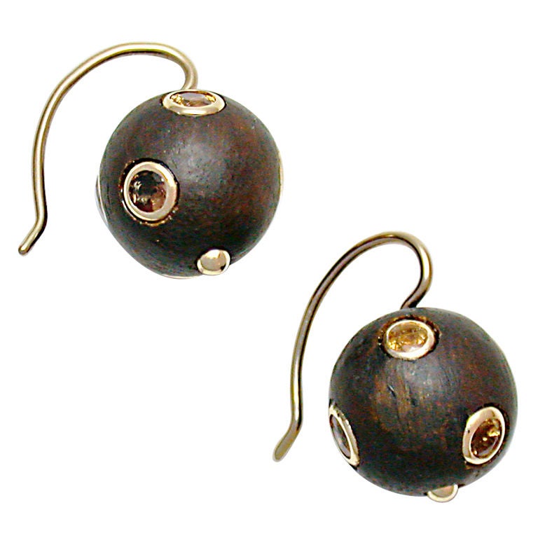 Wood Ball with Citrine Drop Earrings
