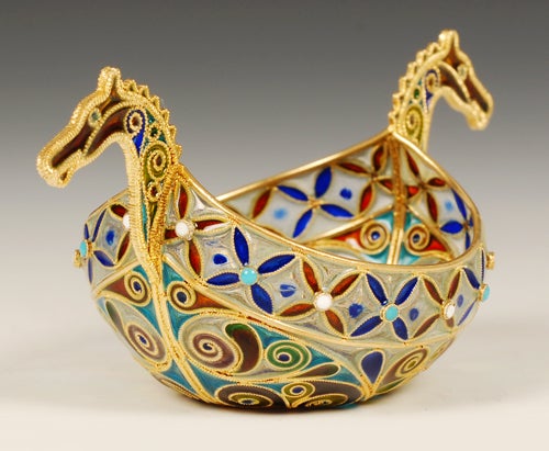 A Norwegian silver gilt and plique-à-jour enamel boat, maker’s mark “TO” for Theodor Olsens Eftf, circa 1900. The round bowl shape base with double horse heads.  The interior enameled translucent royal blue over a hatched ground. The body enameled