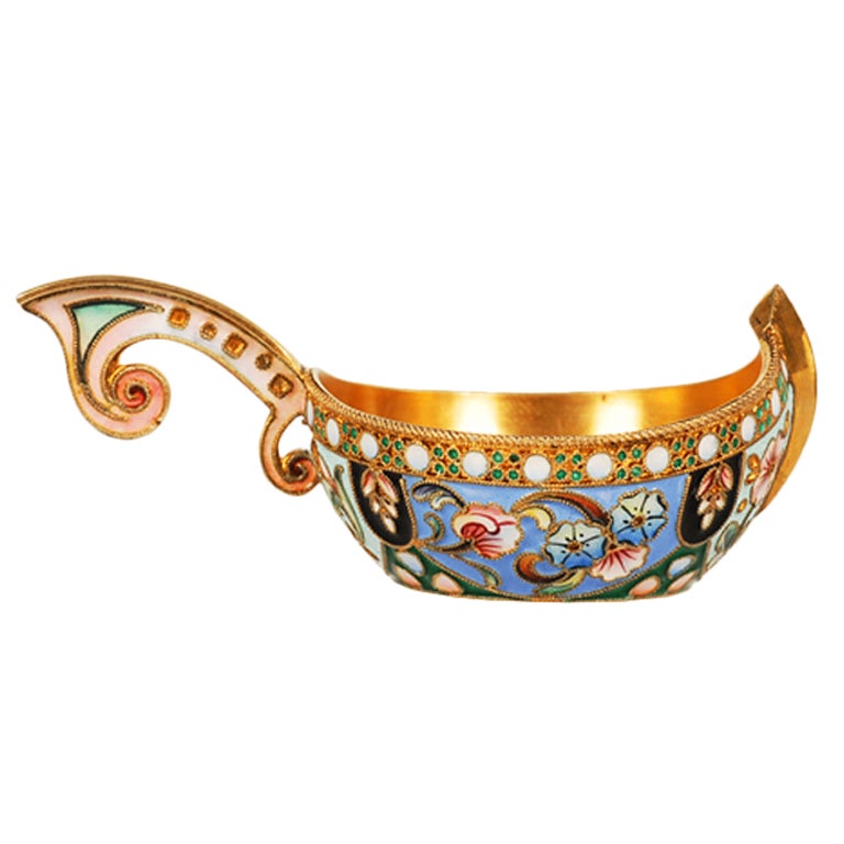 Antique Russian Art Nouveau Shaded Cloisonné Enamel Kovsh by the 11th Artel