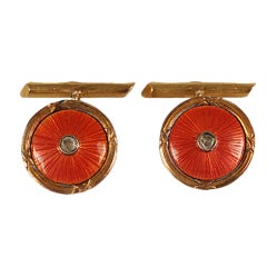 Antique Russian Diamond, Gold and Pink Enamel Cufflinks
