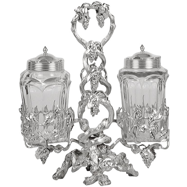 Russian Antique Silver-Mounted Cut-Glass Condiment Set with Grape Vine Mounts