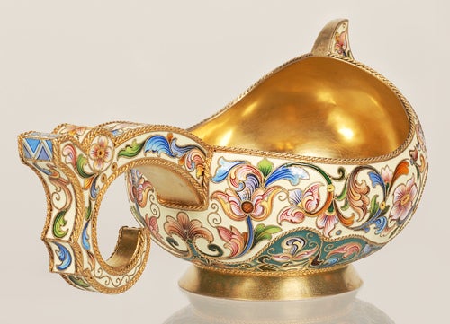 An amazing and extremely rare Russian gilded silver and shaded cloisonné enamel kovsh by Feodor Ruckert, retailed by Ovchinnikov, circa 1896-1908. Of traditional oval form with hook handle; the front emblazoned with an ornate Imperial Eagle with a