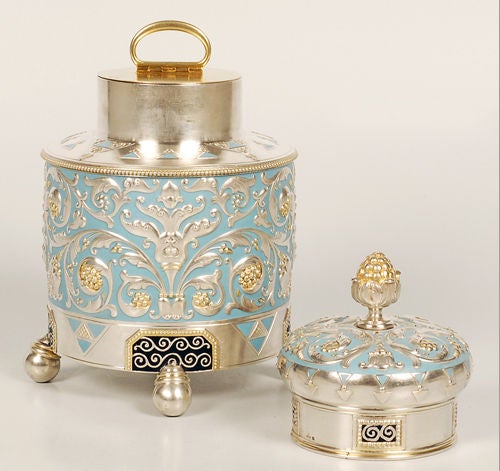 Women's or Men's FABERGÉ Silver and Enamel Tea Caddy